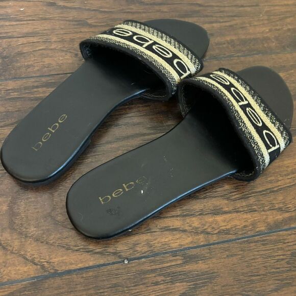 Y2K Bebe size 7.5 Monogram Logo Gold and Black Summer Beach Slides - Picture 3 of 5
